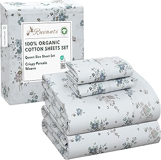 RUVANTI 100% Organic Cotton Sheets Queen Size, Percale Weave, GOTS Certi...