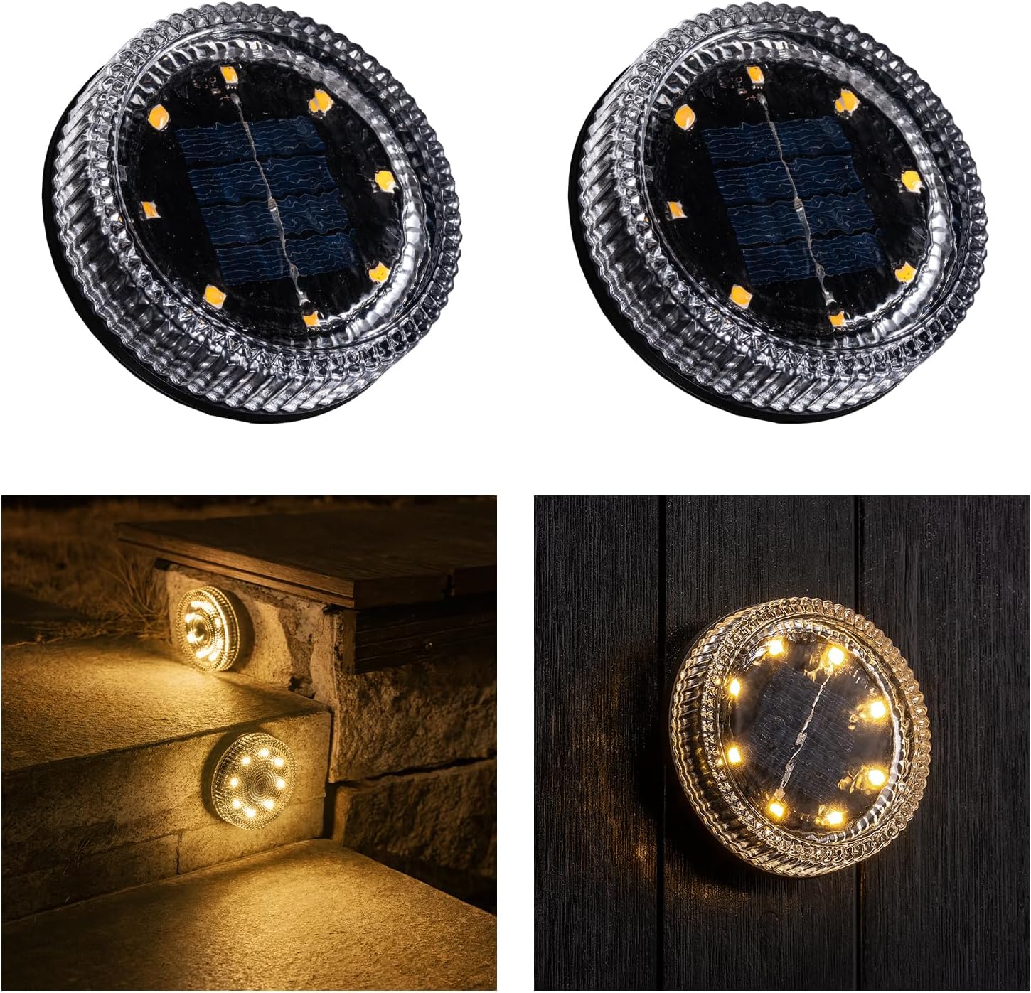 Glass Solar Step Lights with Wave Style, Modular-Design Waterproof Outdoor Fence Lights for Stairs Step Yard Patio Garden Wall Pathway, Decorative Patio Table Lighting, Warm White (2 Pack)