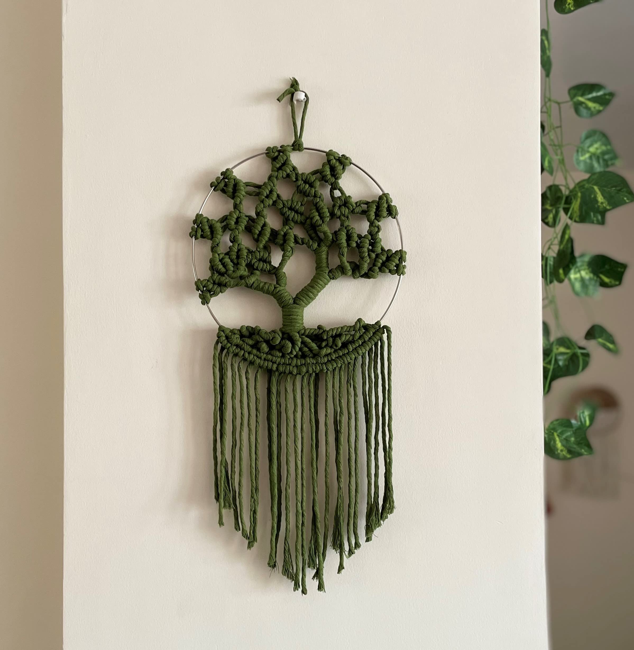 SUTRAM Handmade Macrame Dreamcatcher for Home Decor - Wall Hanging Tree of Life, Kalpavriksha, Round, 9 inch (Olive Green)
