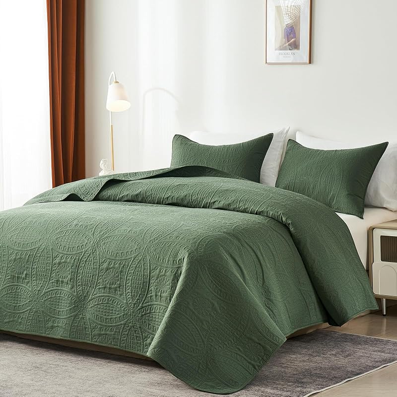 akkialla King Quilt Bedding Set,Olive Green Ultrasonic King/Cal King Quilt Set,Lightweight Soft Bedspread Coverlet,Modern Style Coin Pattern Bed Cover for All Seasons,3 Piece(1 Quilt,2 Pillow Shams) image 2