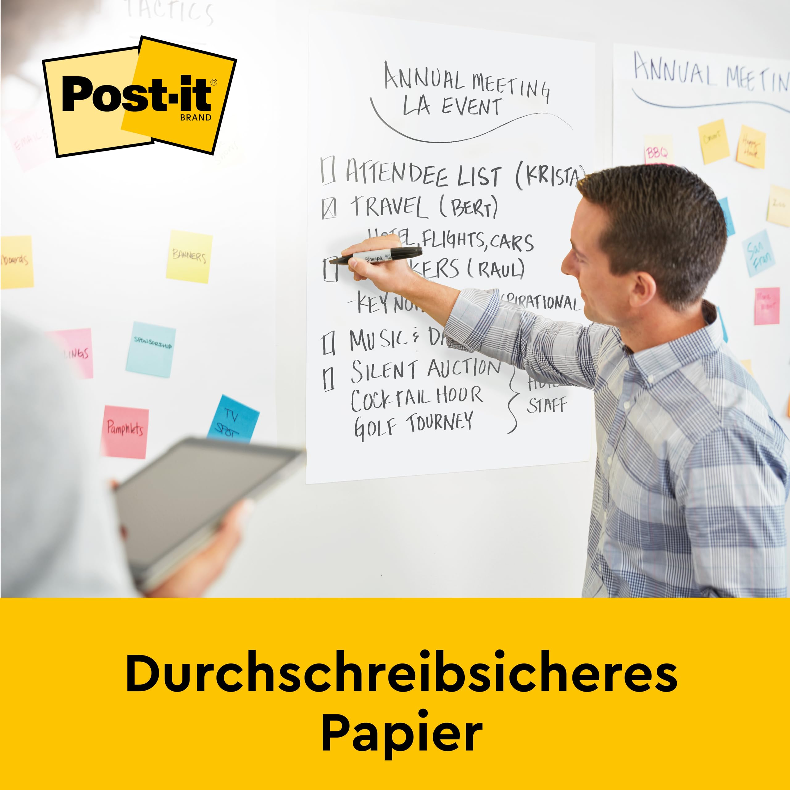 Post-it Super Sticky selbsthaftendes Meeting Chart (Flipchart) Promotion 2 Blöcke + 1 GRATIS, 63.5 cm x 76.2 cm, Farbe: Weiß - Selbstklebendes Flipchartpapier für Brainstormings überall