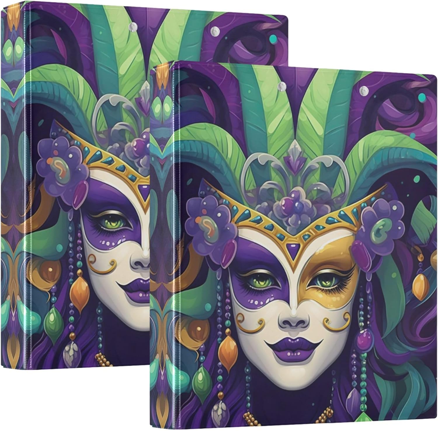 Mardi Gras Colorful Masks 3 Ring Binders, 1.5” Round Ring Binders with Clipboard - Letter Size, 3 Interior PVC Clear Pockets & Anti-Slip Clip for Office School Supplies, 2PCS