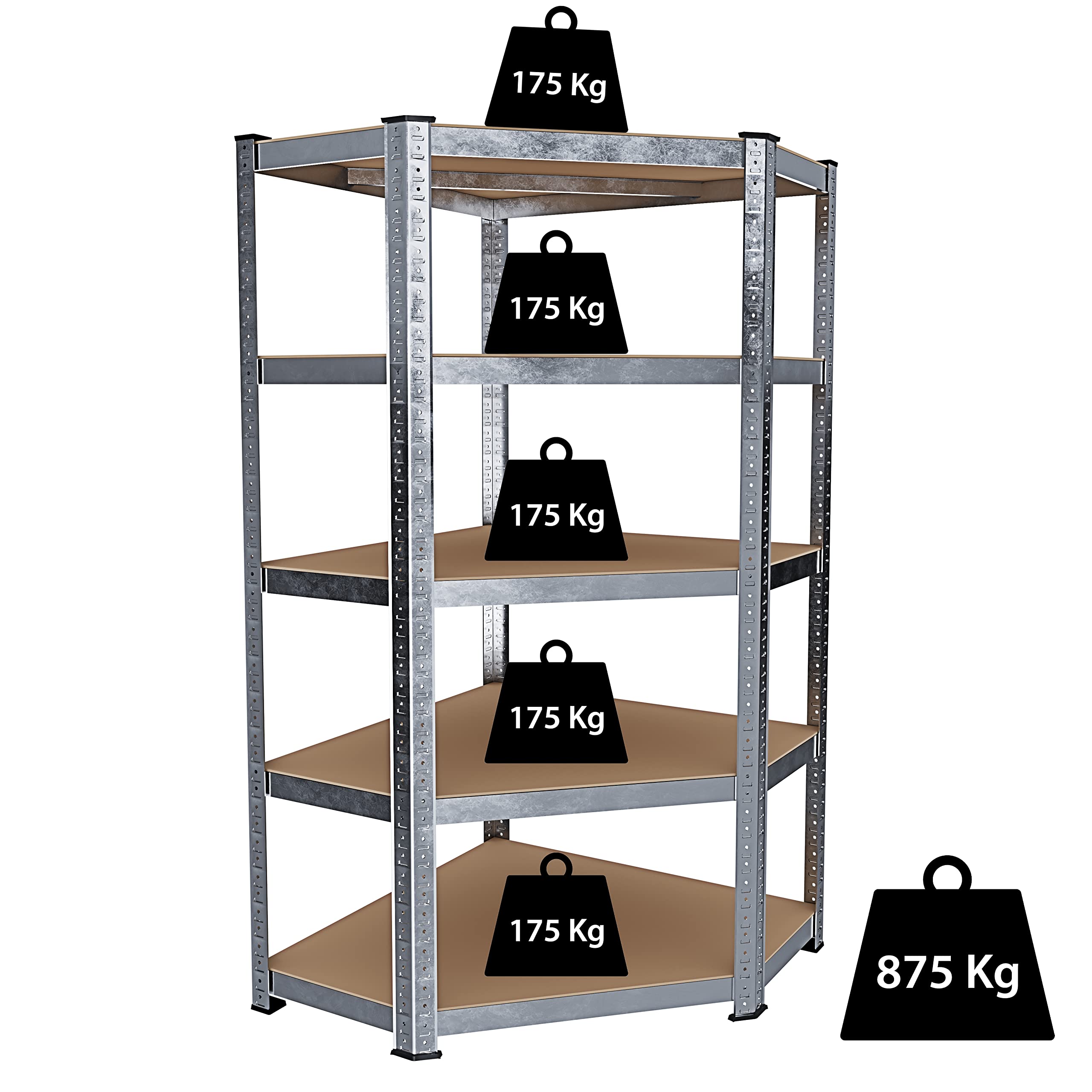 Bricozone Sistema Di 5 Scaffali Metallo e MDF 25 Ripiani Regolabili 1 Scaffale Angolare 4 Scaffali Per Magazzino Alta Portata 4375 kg Totali Scaffalatura Officina Garage Cantina Capannone Modulare