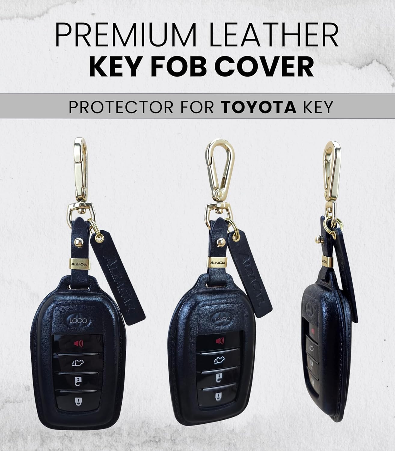 Premium Leather Key Fob Cover with Keychain, Accessories for Toyota, Protector and Fits Camry 2025, Tundra 2022-2025, Tacoma, Sequoia, Sienna, 2024 RAV4, Highlander, Corolla Cross (Black)