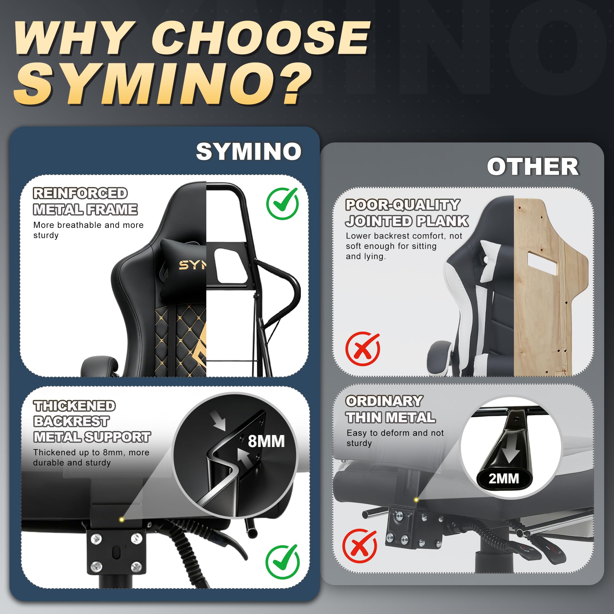 Symino Chaise de Gamer Ergonomique, Chaise Gaming avec Soutien Lombaire Repose-Pieds, Fauteuil de Bureau réglable et pivotant capacité de Charge 150 kg, Cuir PU Noir