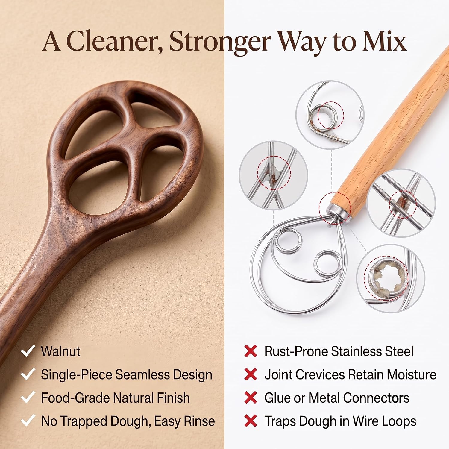 Premium Walnut Danish Dough Whisk, 12 Inch Solid Wooden Dough Whisk for Sourdough, Handheld Bread Whisk for Baking, Heavy Duty Pastry Batter Mixer Tool