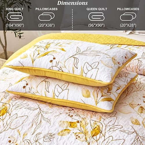 Miniatura 6 de Anibedding Juego de edredón amarillo Queen, 3 piezas reversible, elegante patrón de hojas botánicas amarillas, colcha de microfibra suave para toda