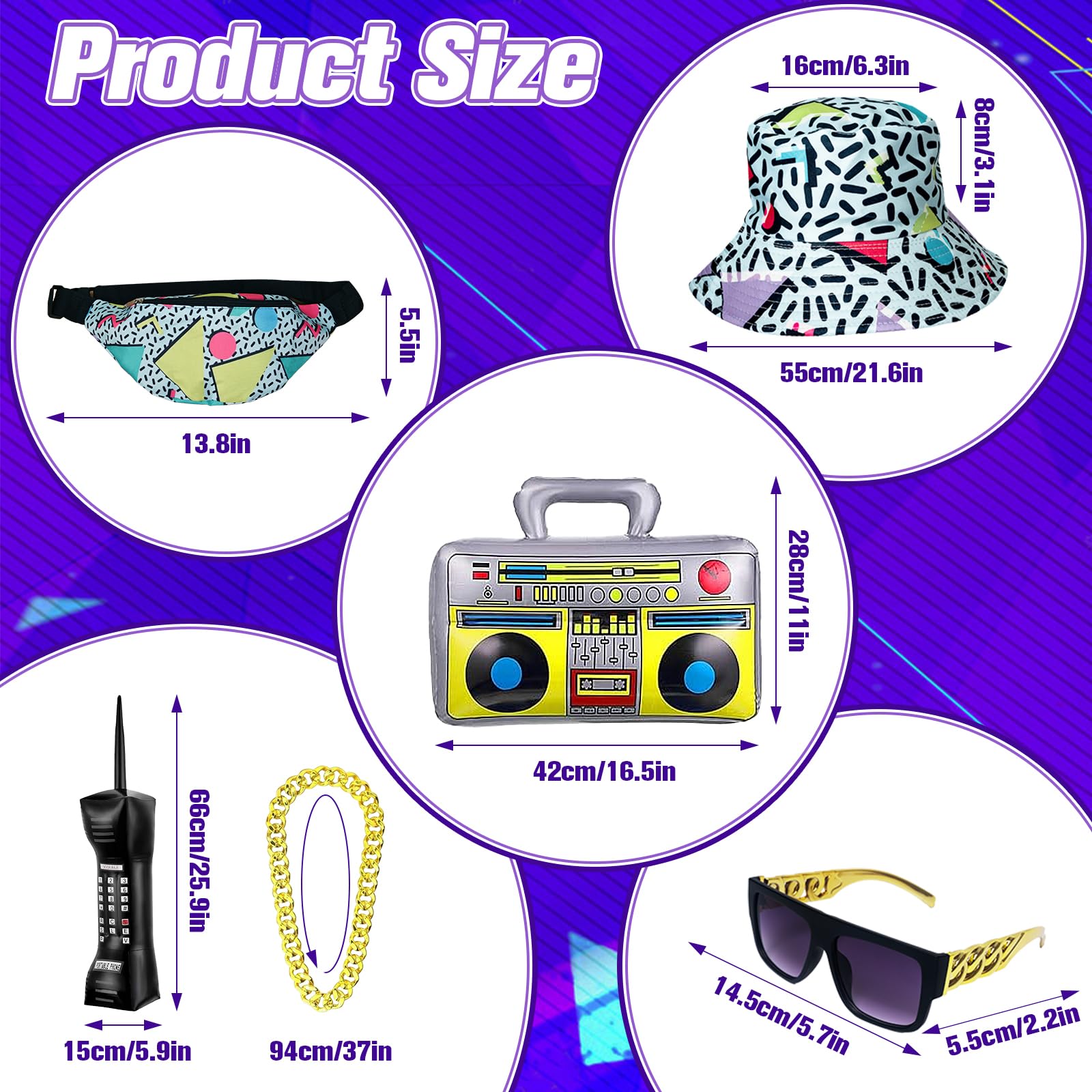 Disfraz vintage de los años 80 y 90 para hombre, 8 piezas, disfraz de hip hop con gafas y sombrero para discoteca, fiesta, festivales de música, bailes de máscaras, carnaval