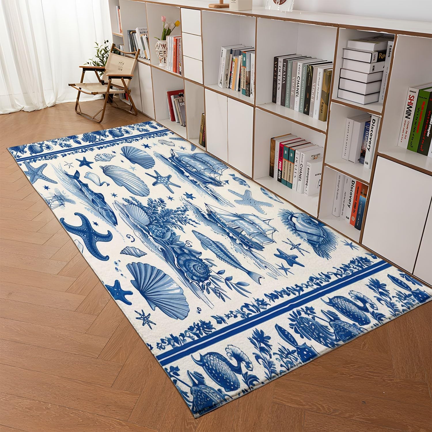 Ocean Blue Sailboat Starfish Shell Fish Pattern Living Room Rugs 6 x 9 ft, Washable Area Rug Non Slip Soft Dorm Rug Mat, Indoor Accent Floor Carpet for Office Coffee Table Dining