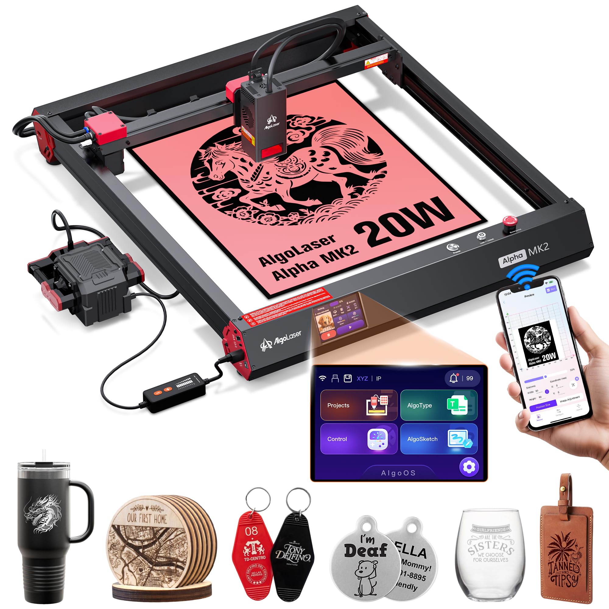 AlgoLaser Smart Laser Engraver 20W Class 1 Laser Ccutter Machine Built-in System no Computer Required Works on Metal