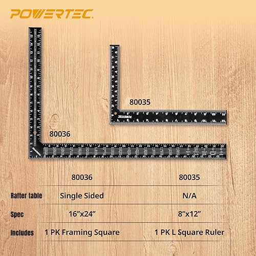 Miniatura 7 de POWERTEC Juego de cuadrados de carpintero, cuadrado de 16 x 24 pulgadas con mesas de retén (1 unidad) y regla cuadrada de 8 x 12 pulgadas con