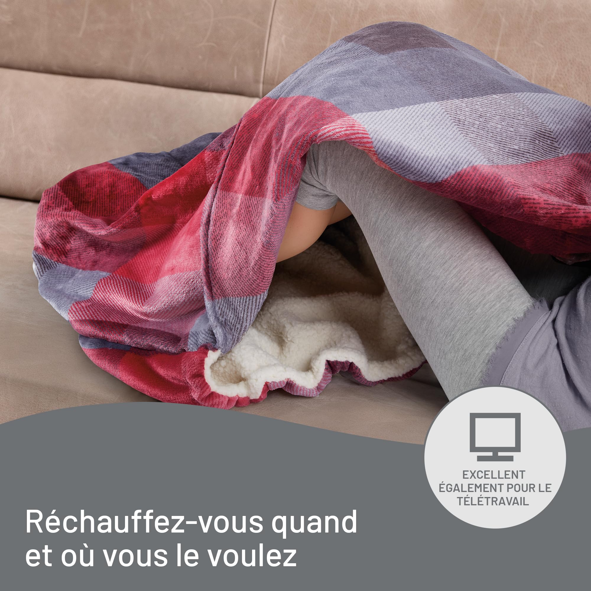 Imetec Couverture Chauffante Adapto Velvet Tartan + Poche - Plaid chauffant 150x110 cm-6 Températures, Motif Tartan,Tissu Toucher Velours et Sherpa,Anti Surchauffe, Chauffage Rapide,Lavable en Machine