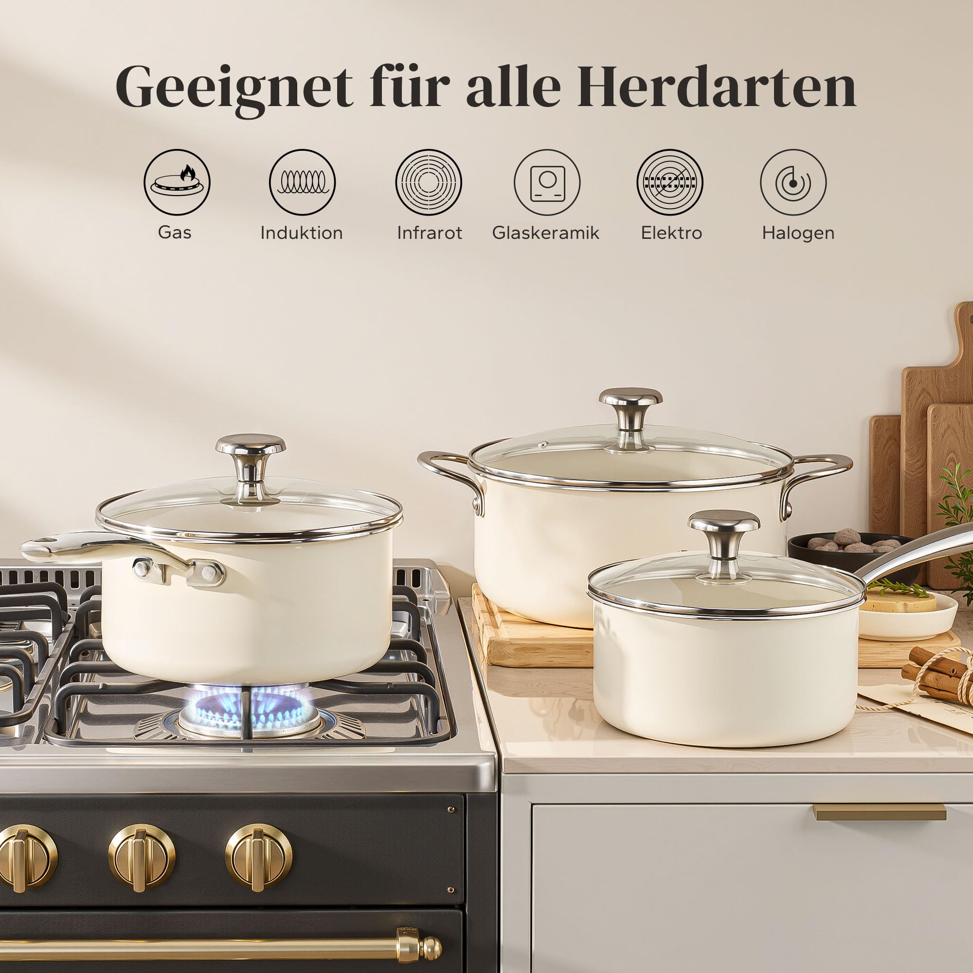 Redchef Keramik Kochtopfset, Topfset Induktion 6-teilig mit Glasdeckel, Kochtöpfen 24 cm, Kasserolle 18 cm, 20 cm für alle Herdarten & Backofenfest, Induktionsgeeignet (Beige)