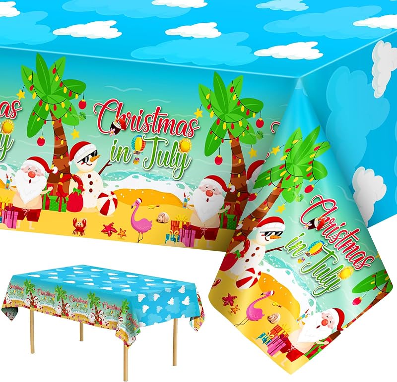 3 Pcs Christmas in July Tablecloth - Summer Christmas Table Cloth, Disposable Plastic Rectangle Blue Table Cover for hawaiian Beach Xmas Decorations Party Supplies Tables Decor Favors,108x54Inch