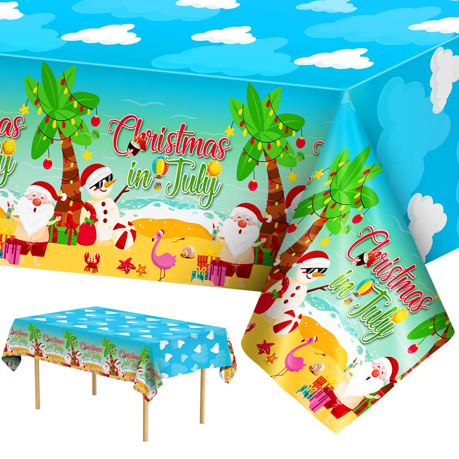 3 Pcs Christmas in July Tablecloth - Summer Christmas Table Cloth, Disposable Plastic Rectangle Blue Table Cover for hawaiian Beach Xmas Decorations