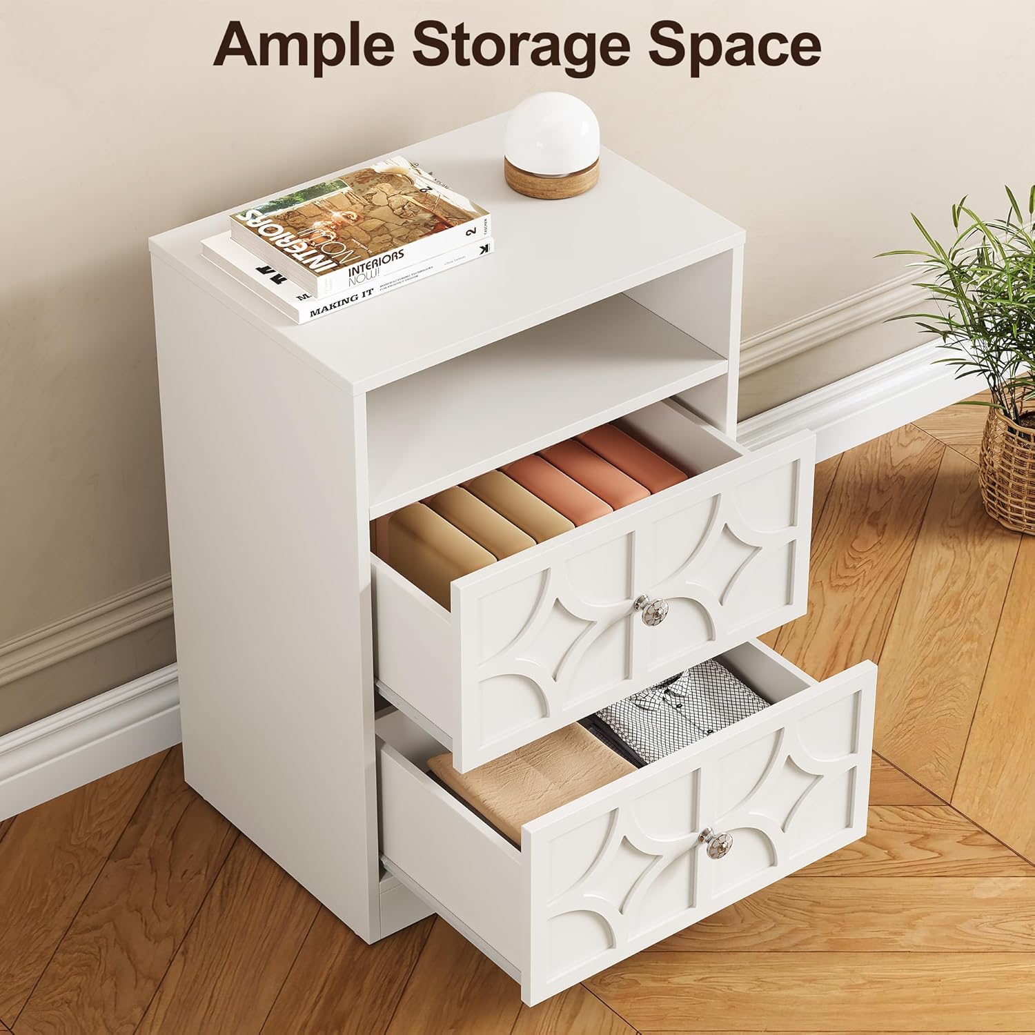 RoyalCraft Large Nightstand with Charging Station, Modern Side Table with 2 Drawers, Accent End Table with Diamond Carvings, Storage Cabinet for Bedroom, Entryway, White