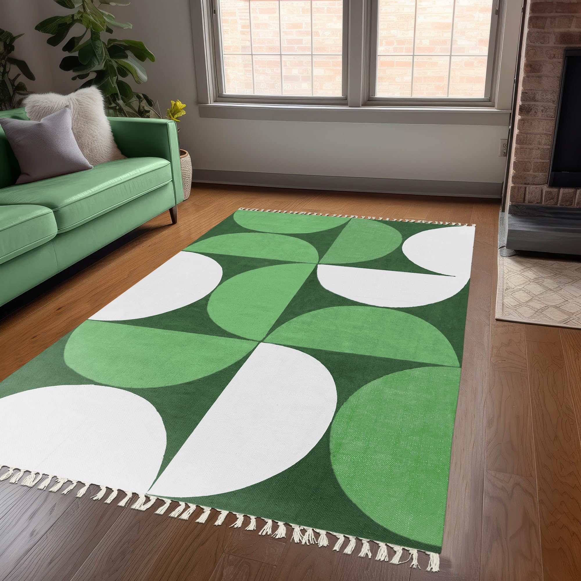 Tappeto 2 x 3 kilim a forma di mezza luna, in cotone stampato, motivo geometrico bianco e verde, facile da lavare, spesso 0,5 cm, lavaggio a mano, per interni ed esterni, per cucina, comodino