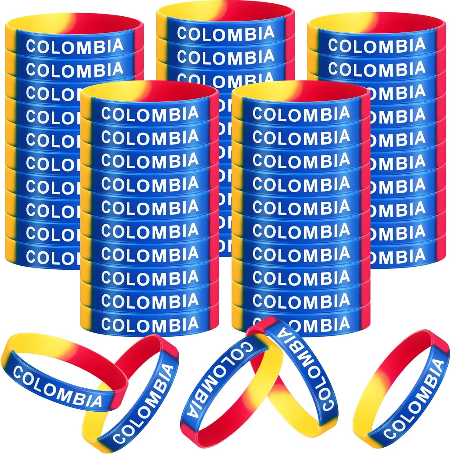 60 Pcs Colombia Silicone Bracelet Colombia Independence Day Rubber Wristband Yellow Blue Red Flag Bracelets Bulk for Men Women Birthday Party