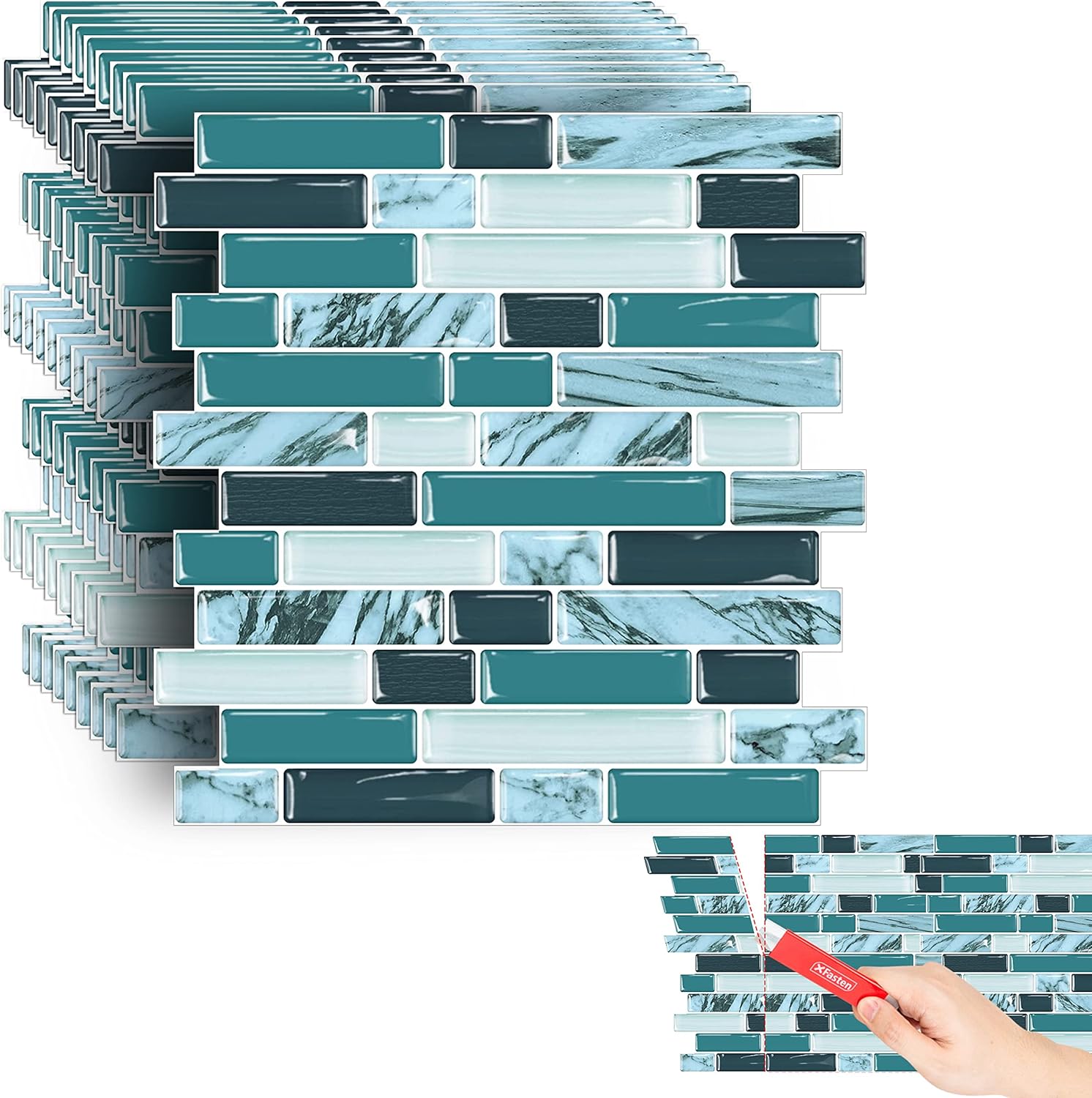 XFasten Kitchen Backsplash Sticky Tiles 10pcs 12” x 12” w/Mini Cutter Teal Peel and Stick Tile