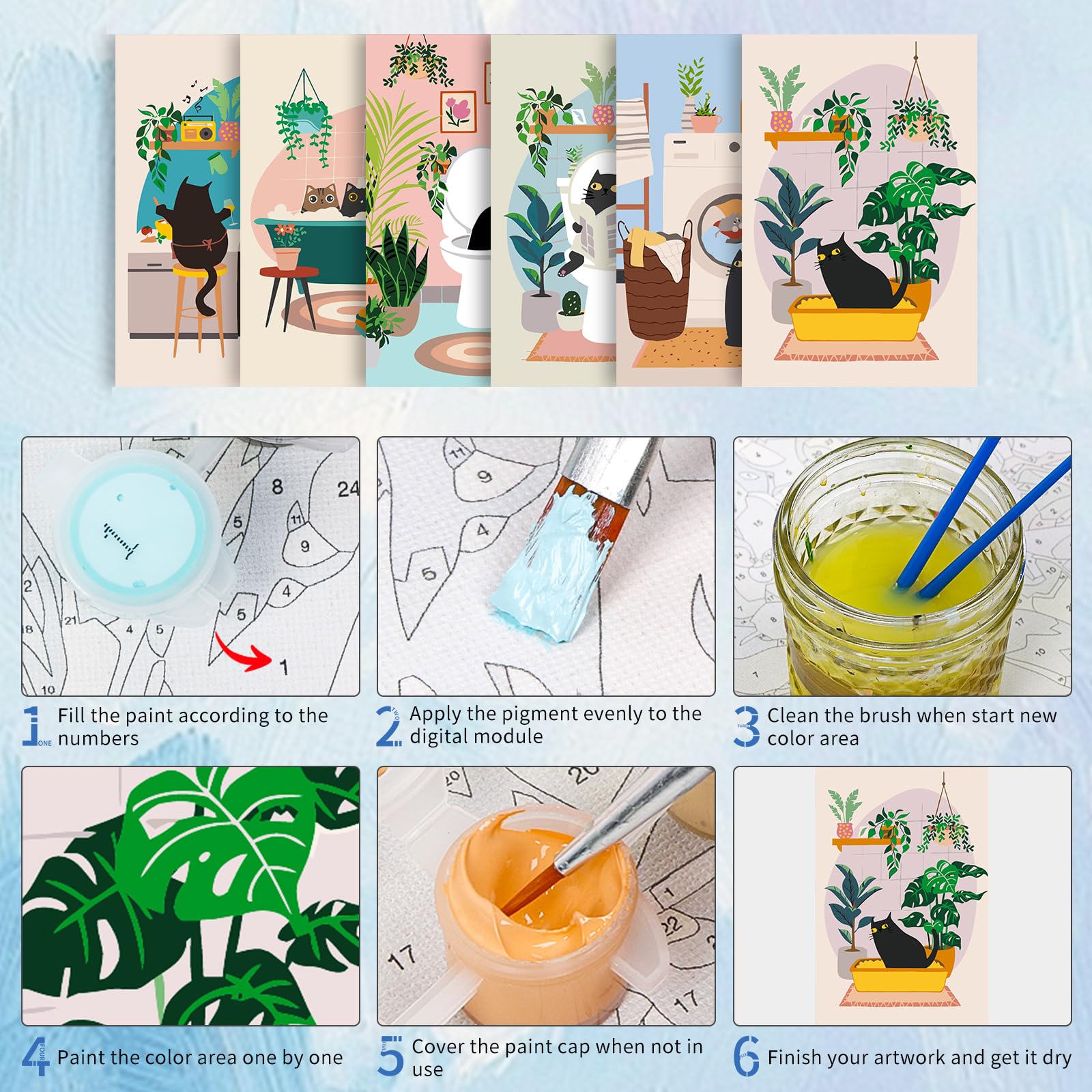 GEEHEIY Confezione da 6 kit per dipingere con i numeri, per adulti, gatti neri e adulti, kit per pittura a olio acrilica fai da te con numeri, per decorare la casa, regali, 20 x 30 cm