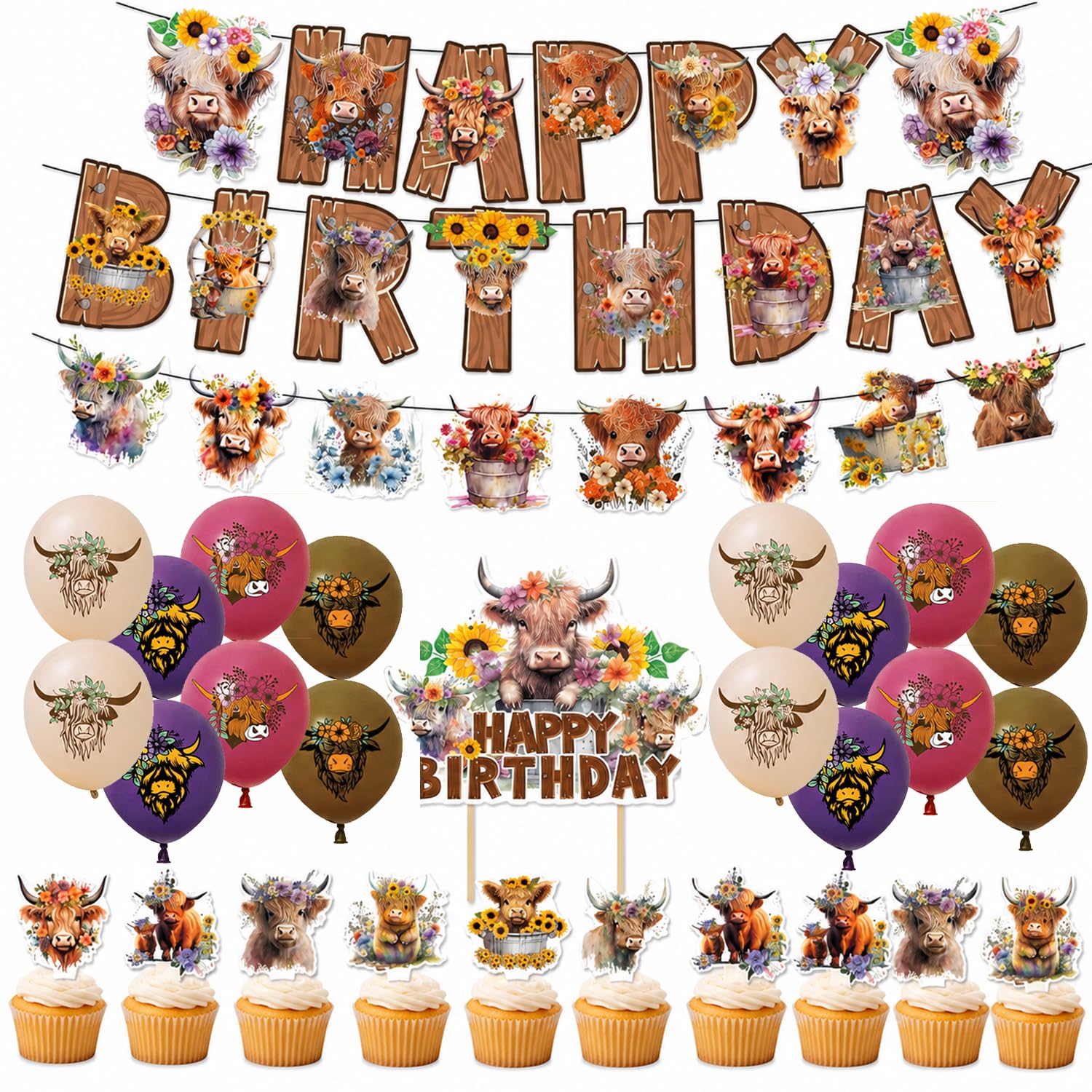 Highland Cow Birthday Decorations Set, Happy Birthday Banner Bunting, 16 PCS Party Balloons in 4 Types, 13 PCS Highland Cow Cake Topper, Farm Style Party Decorations for Women Men