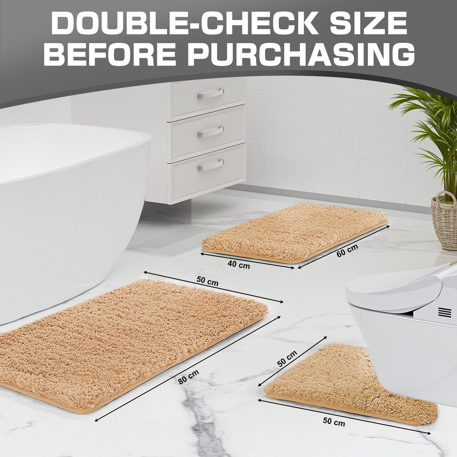wyewye Microfibre Bath Mats, 2cm Super Thick Bath Rugs, Super Absorbent Bathroom Rugs 50x80cm and 40x60cm, Camel - Image 2