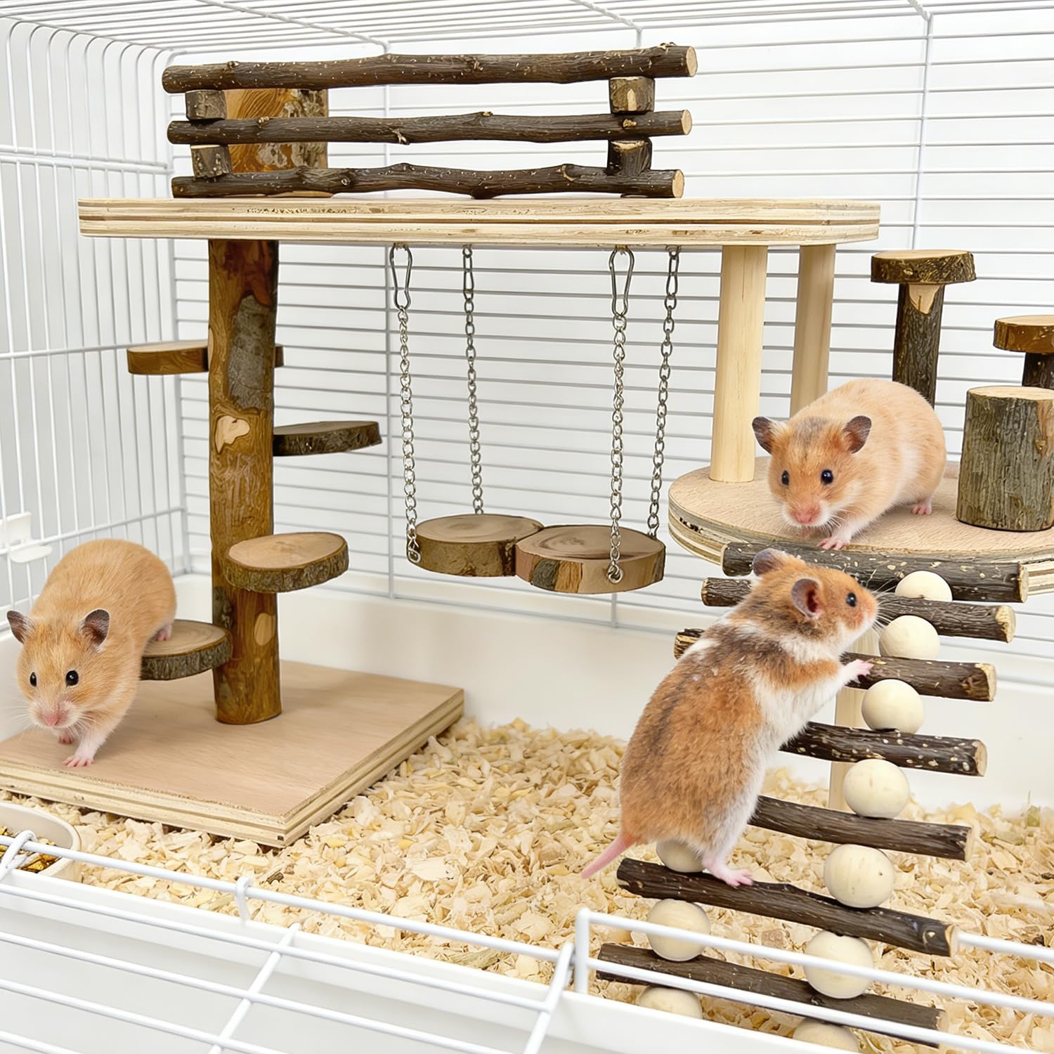 Hamsterspielzeug aus Holz – Naturholz Spielplatz Klettersystem mit Leiter, Futternapf, Rampe & Brücke, Kleintierlebensraum Aktivitätsset für Rennmäuse, Maus, Ratte, Chinchilla
