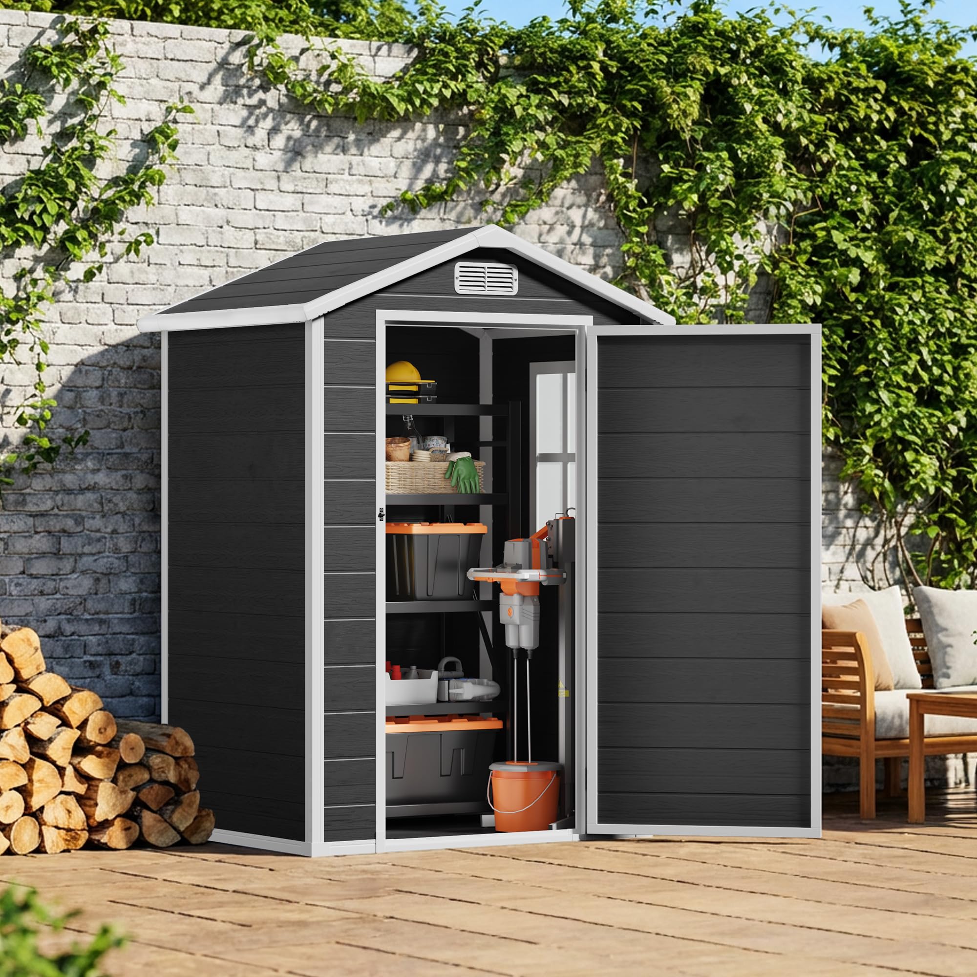 Abri de Jardin en Résine, Cabane à Outils Imperméable avec Fenêtre et Ventilation, Abri de Rangement Verrouillable pour Outils de Jardin, 122 x 92 x 188 cm (Noir)