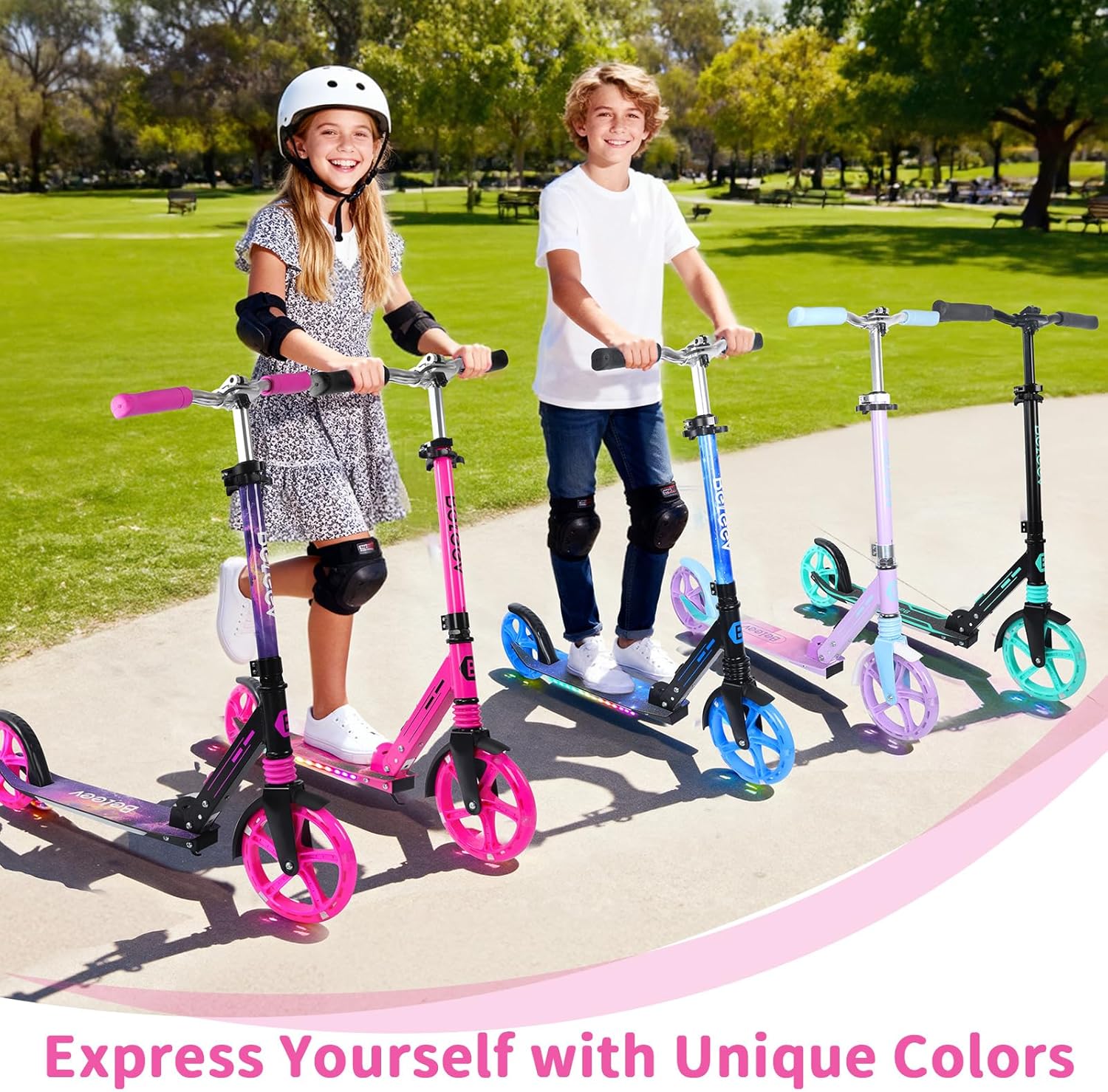 BELEEV V5 Plus Scooters for Kids Ages 6+, Teens with Light-Up Wheels & Deck, 2 Wheel Folding Lightweight Sport Scooter with 4 Adjustable Height, 8-inch Big Wheels, Carry Strap, Max Load 220 lbs - Image 8