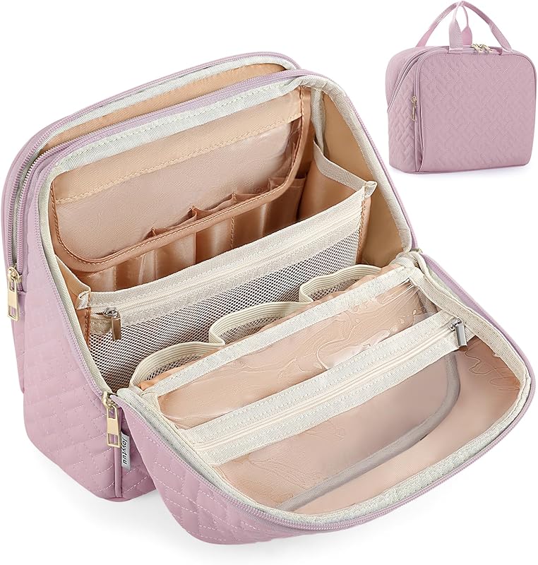 Necessaire de maquiagem em pé JOYYTUU com divisórias, suporte para pincéis e alça, Dusty Purple, 1 unidade