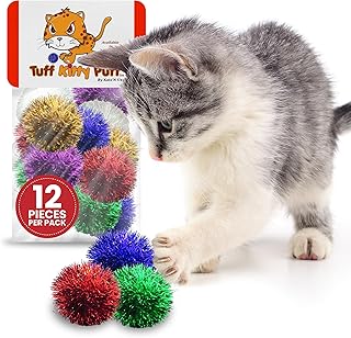 Tuff Kitty Puff Sparkle Ball Cat Toy - (1.5 inch) - Fuzzy and Fun Glitter for Cats and Kittens - Assorted Colors - 12 Pack