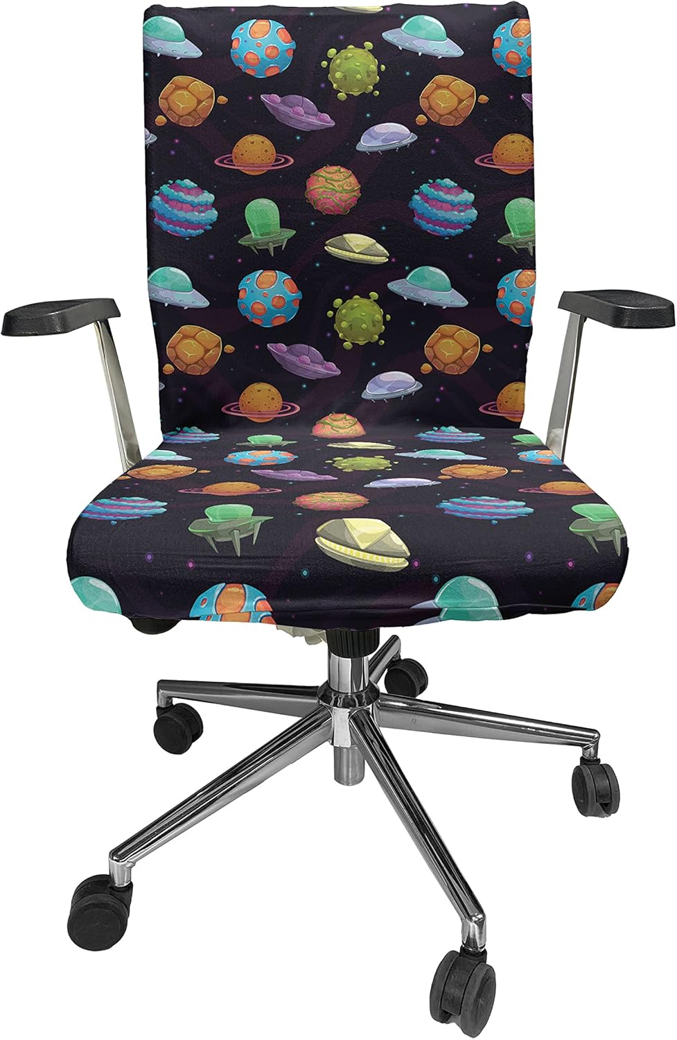 Ambesonne Space Office Chair Cover, UFOs and Planets Gas Giant Alien Environments Science Fiction Elements, Stretchable Decorative Universal Size High Back Printed Slipcover, Black Blue