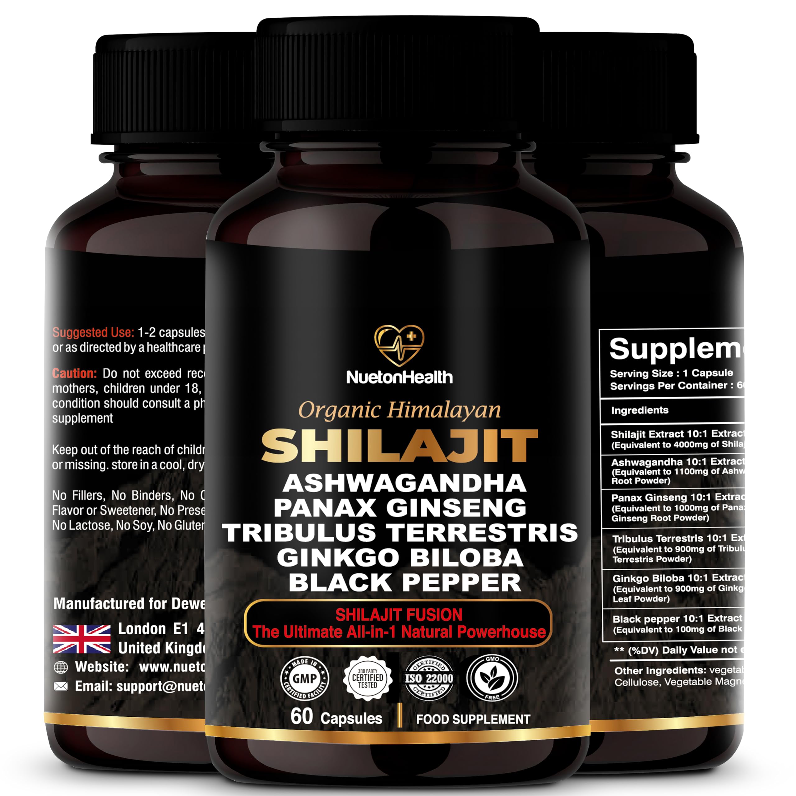 Himalayan Shilajit Capsules with Ashwagandha, Ginseng, Tribulus, Ginkgo & Black Pepper – Vegan, Gluten-Free Botanical Blend for Daily Wellness & Vitality – 60 Capsules
