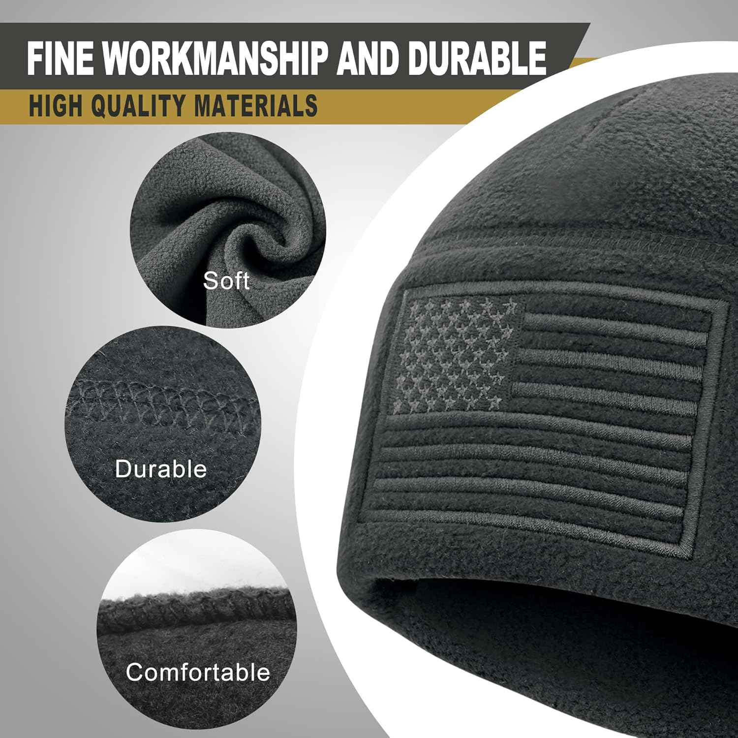 Fleece Watch Cap, American Flag Fleece Beanie, Winter Warm USA Army Military Tactical Beanie Hat 2 Pack - Image 4