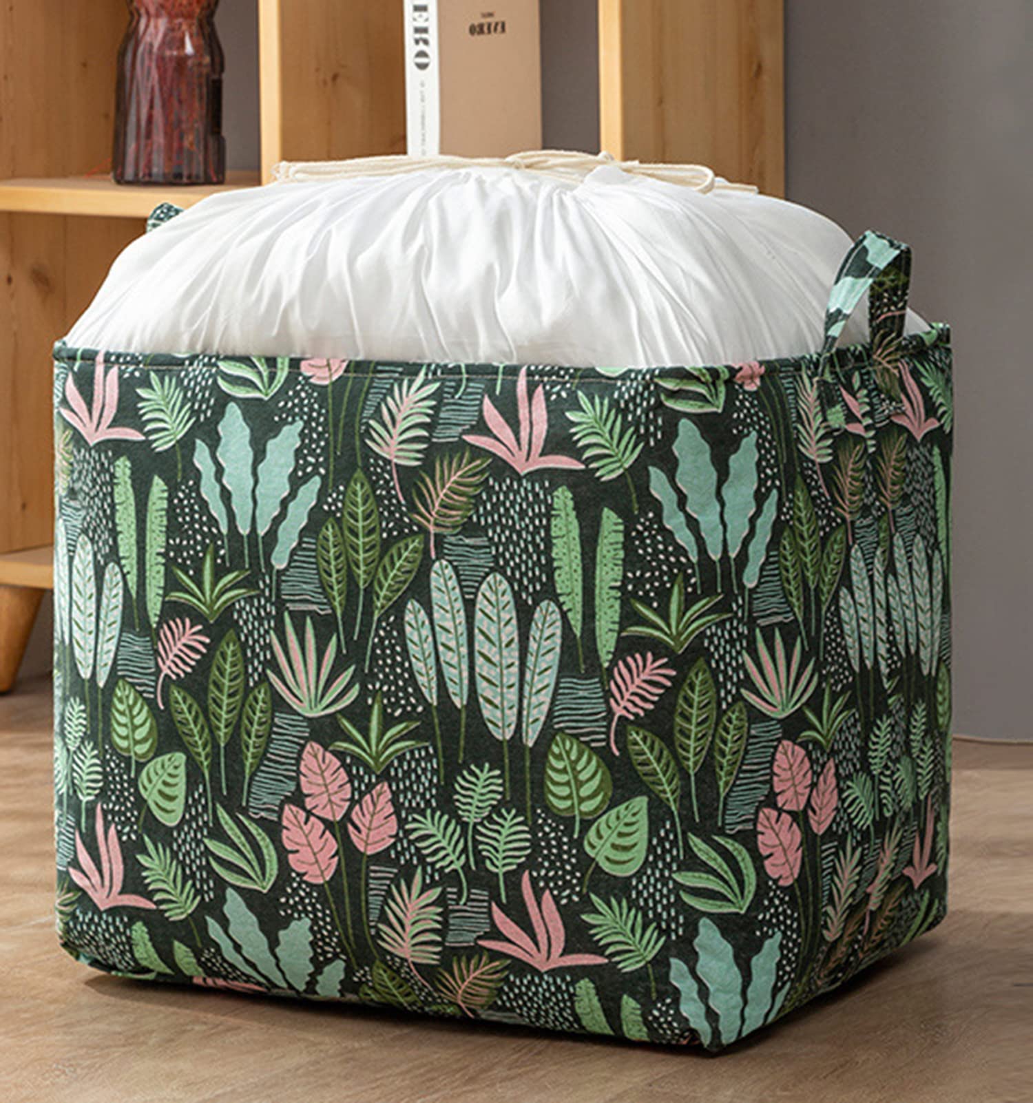 House of Quirk Square Storage Baskets Waterproof Canvas Children Laundry Nursery Hamper for Shelves Gift Baskets Toy Organizer Room Décor (100 Litre, Green Jungle)-image-49