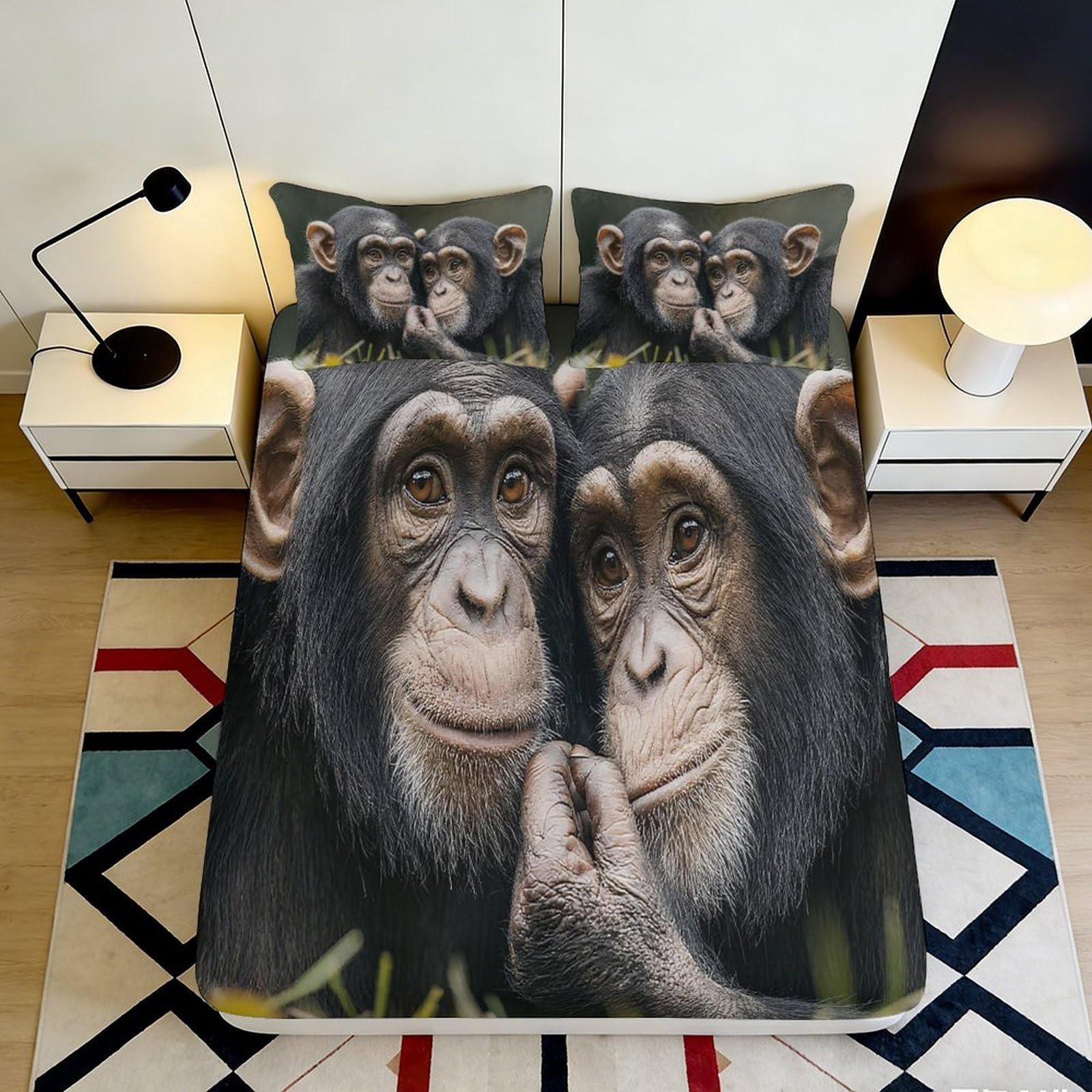 3D Printed Chimpanzee Fitted Sheet Microfiber Deep Pocket Non-Slip Monkey Mattress Fitted Cover Elastic Hem Bedding 200x200x25cm