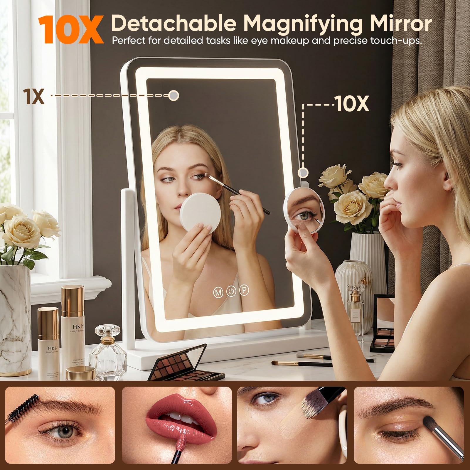 Antok Luces de espejo de maquillaje, 13 x 18 pulgadas, espejo de tocador grande con luz LED para mesa de dormitorio, tacto inteligente, con aumento desmontable de 10 veces
