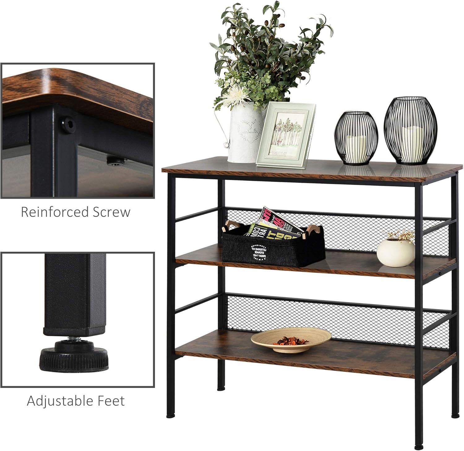 Close-up of reinforced screw and adjustable feet components.