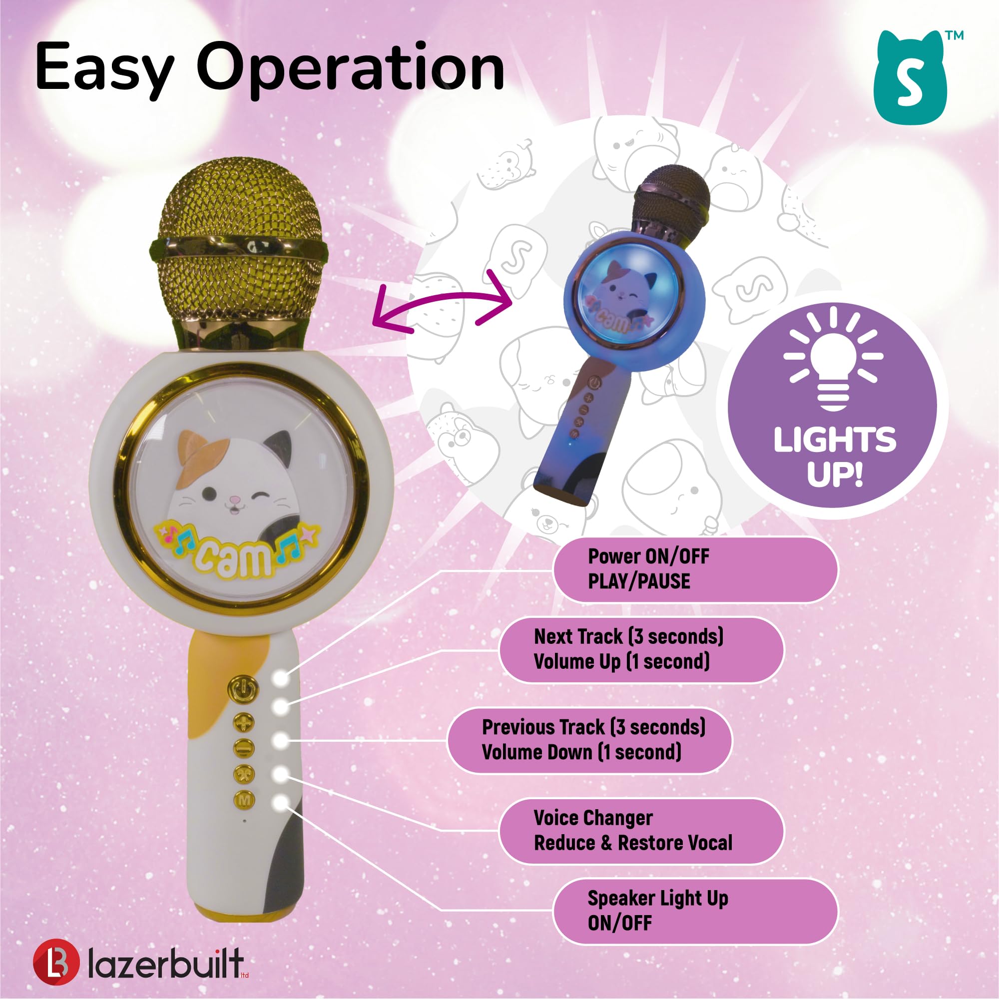 Squishmallows Cam The Cat Karaoke Microphone For Kids And Adults. Great Fun. With Colourful Flashing LED Lights - Image 4
