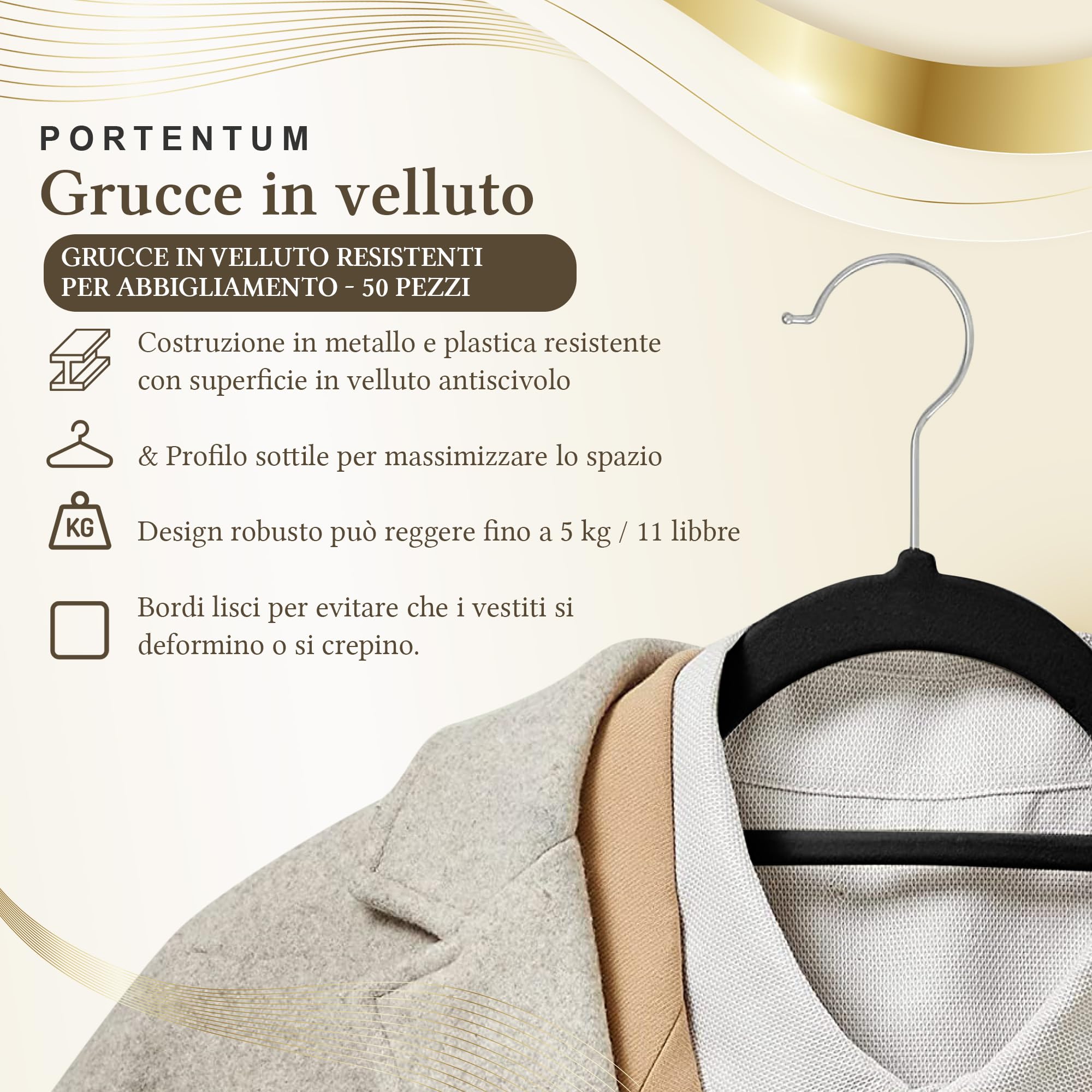PORTENTUM Grucce in Velluto, Confezione da 50, Nero - Antiscivolo con Gancio Girevole 360º, Scanalature e Supporto Accessori, Salvaspazio 0,6 cm Spessore, Made in Spain