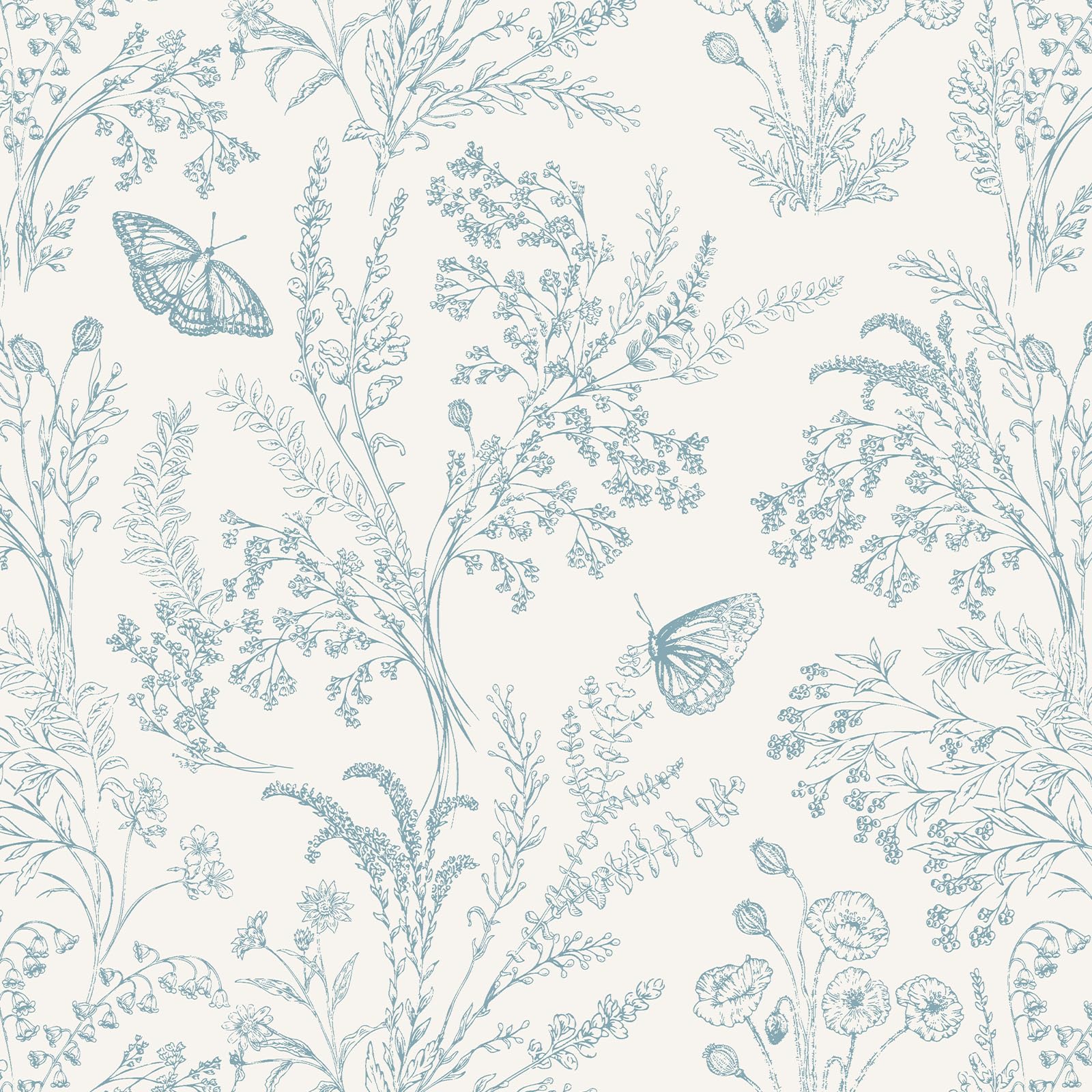 Fiula Peel and Stick White Blue Floral Wallpaper 44x500cm - Waterproof Self Adhesive Vinyl, Flower Leaf Butterfly Design for Walls Cabinets Home Decor