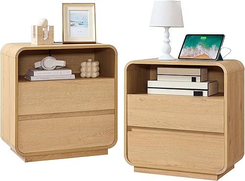 Miniatura 1 de Juego de 2 mesitas de noche modernas, mesa de noche grande de madera de 23.2 pulgadas con estación de carga y perfil curvo, 2 cajones de