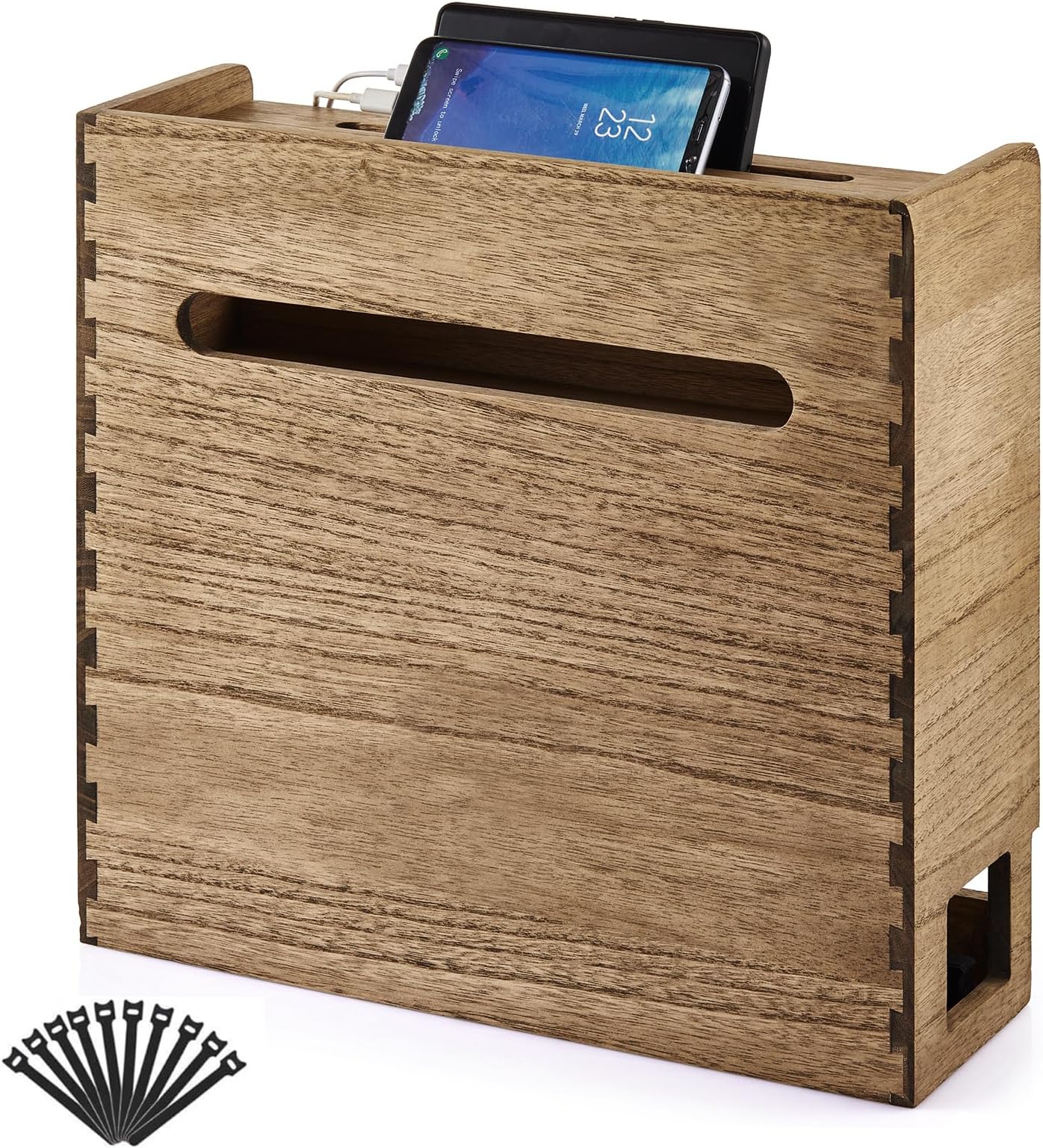 KIRIGEN WiFi Router Storage Box, Wooden Cable Management Box with 3-Tier Shelf, Modem and Power Strip Organizer for Desk, TV Stand, Home Office, Living Room, Brown LYQ-DBR