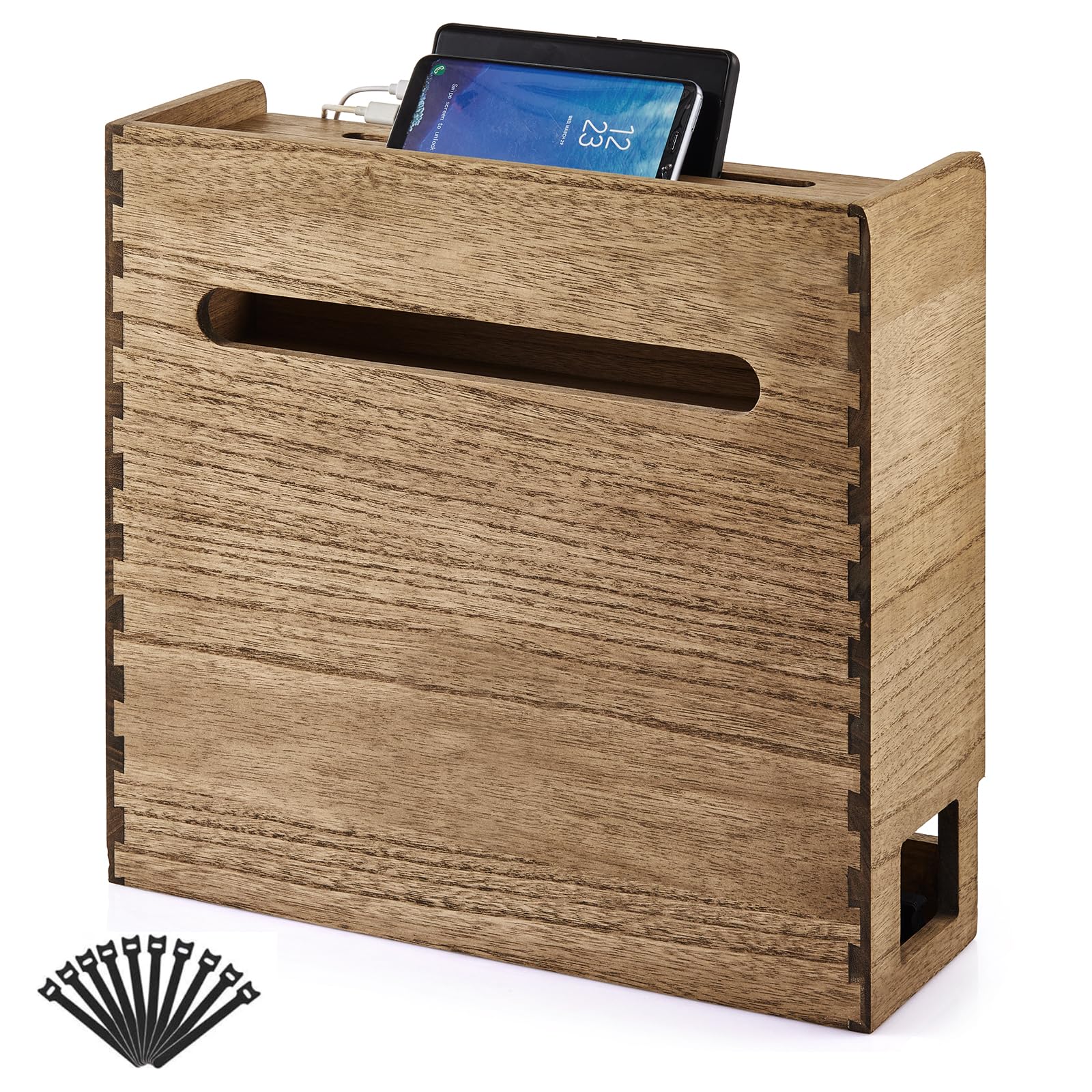 KIRIGEN Routerbox Holz, Kabelmanagement-Box, 3 Ebenen, Dunkelbraun | 41 x 14 x 40 cm, für WLAN-Router, Netzteil, Steckdosenleiste und Kabel, Paulownia-Massivholz, handgefertigt, fertig montiert