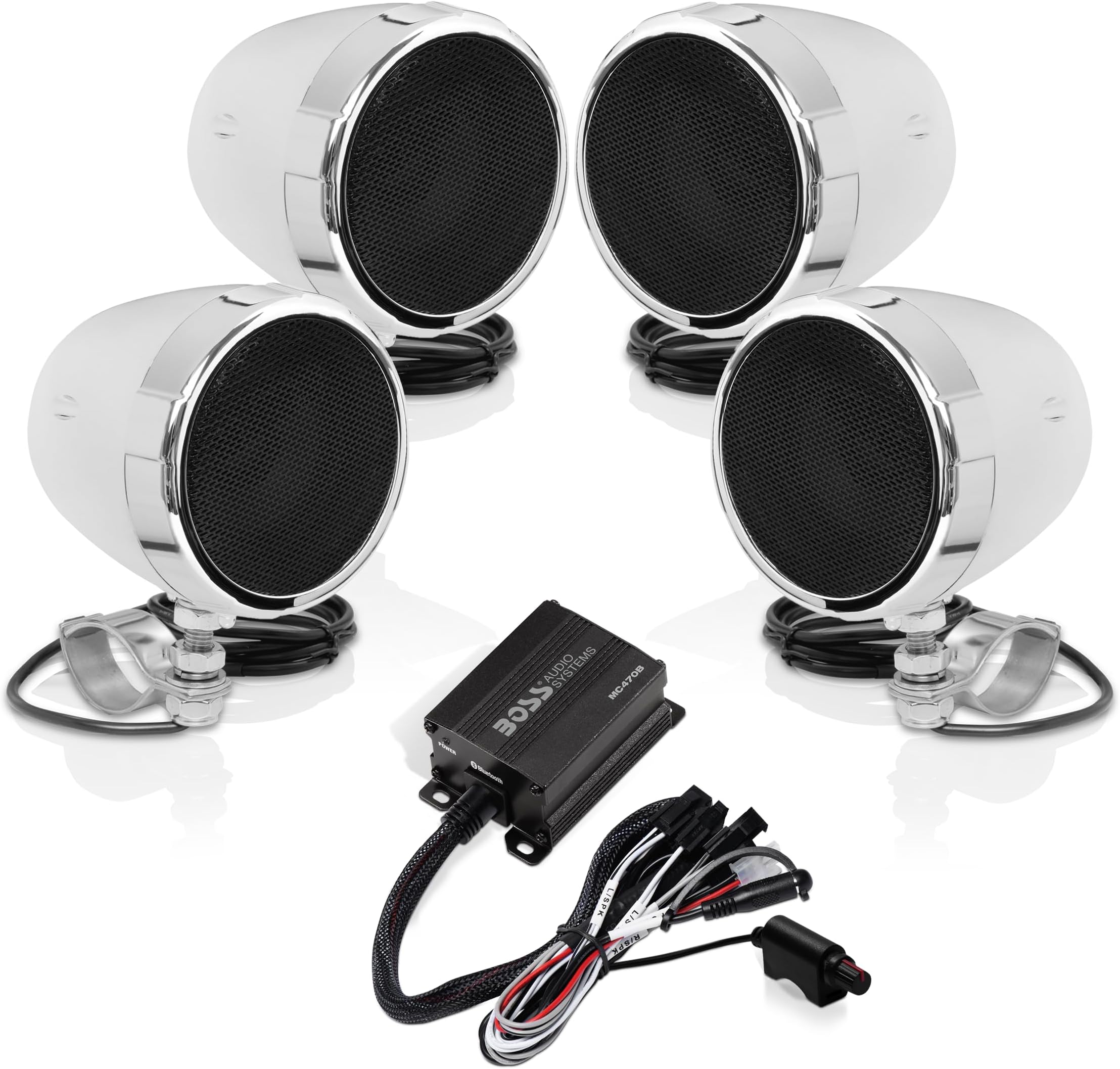 BOSS Audio Systems MC470B 3 Inch Motorcycle Full Range Speakers and Amplifier Sound System - Bluetooth 2 Channel Amplifier, Weatherproof, Volume Control, ATV UTV Compatible