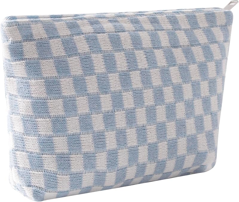 Necessaire de maquiagem Gardsell em veludo cotelê, modelo Q-Checkered blue, 25 cm x 18 cm
