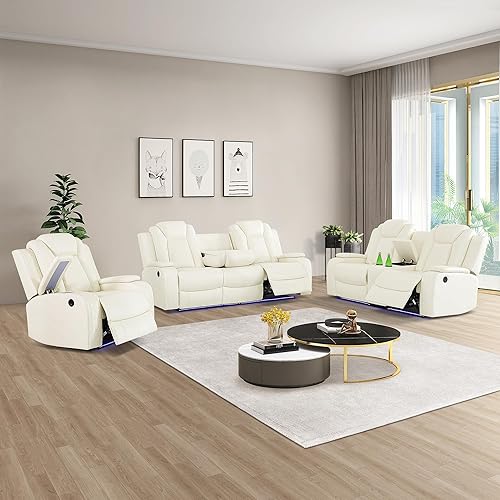 Juego de sofá reclinable eléctrico con LED, muebles de cuero transpirable, sofá reclinable de cuero con puertos USBportavasosalmacenamiento de