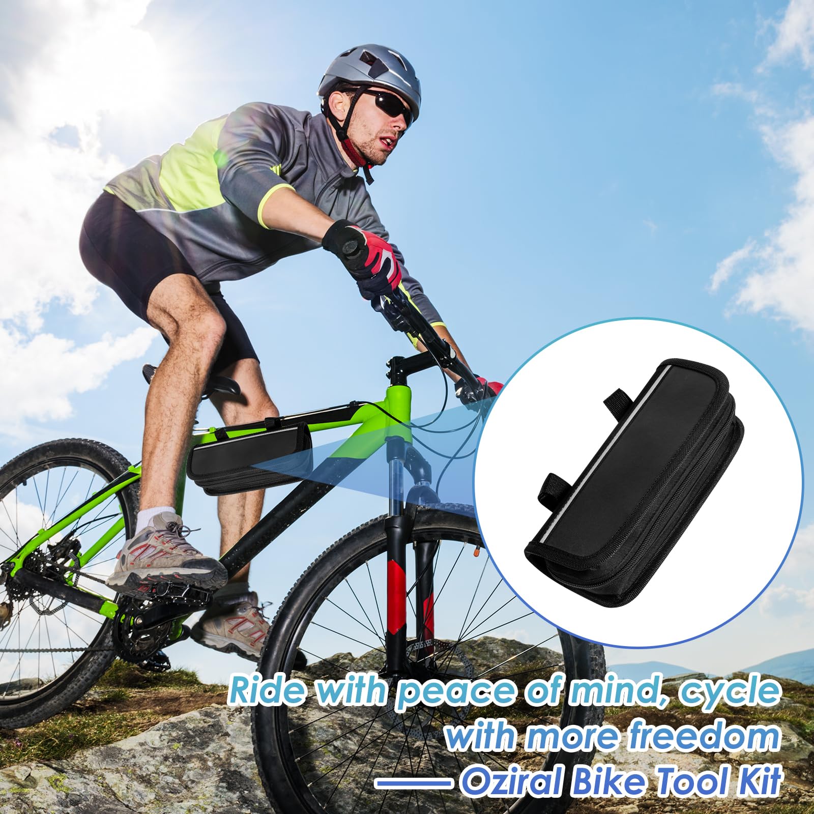 Kit di attrezzi per la riparazione della bicicletta Oziral da 34 pezzi, set multiuso 16 in 1 con custodia impermeabile, mini pompa, contiene tutti gli accessori necessari per la bicicletta.