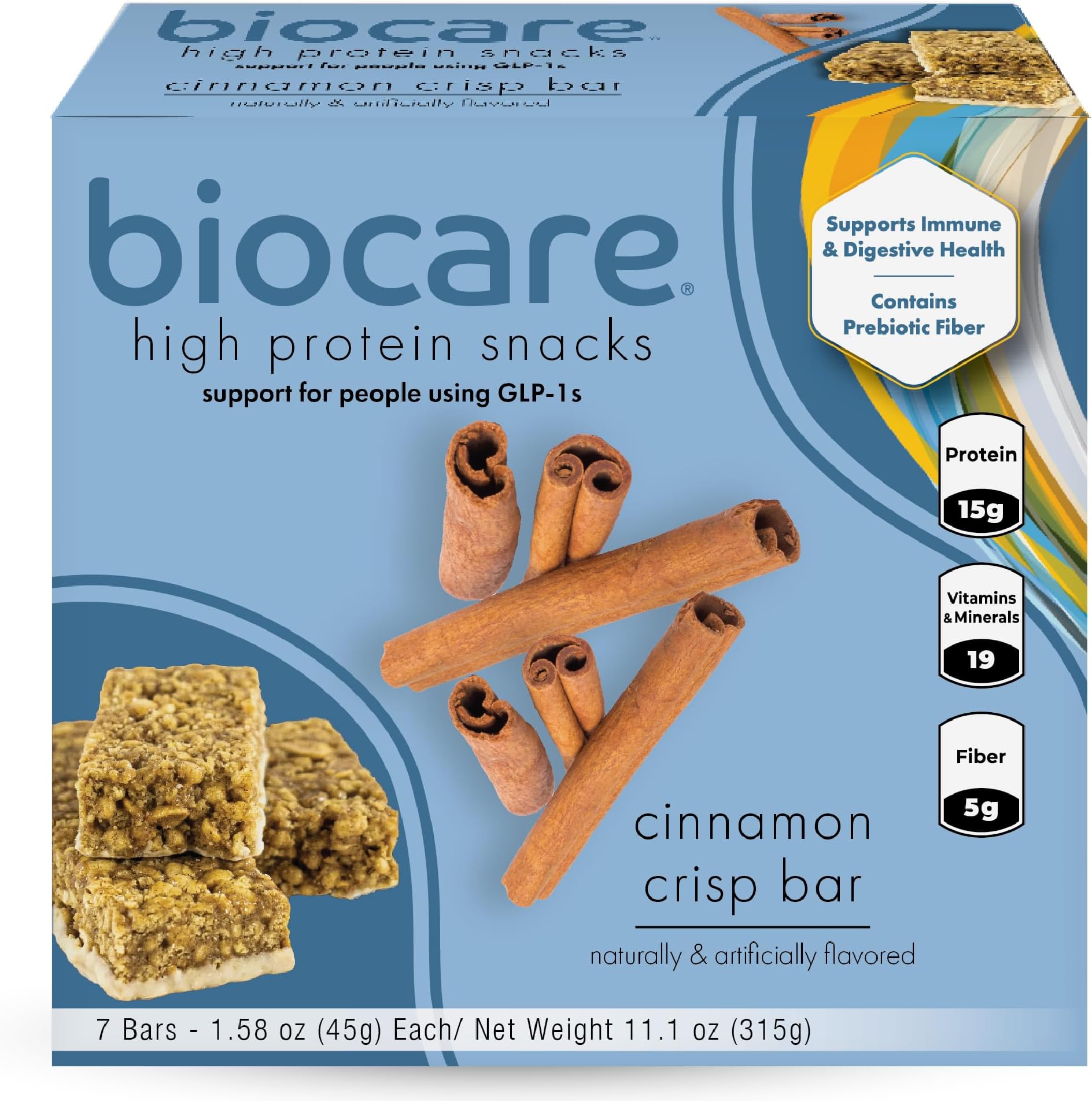 Biocare High Protein Snack Bar, Provides 15g Essential Protein, 5g Dietary Fiber, Cinnamon Crisp (7 Count)