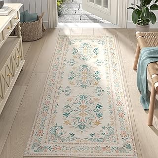 JINCHAN Hallway Runner Rug 61x244CM Vintage Floral Distressed Design Machine Washable Non-Slip Low-Pile Soft Thin Faux Wool Kitchen Carpet for Farmhouse Bedroom Laundry Room(61x244CM